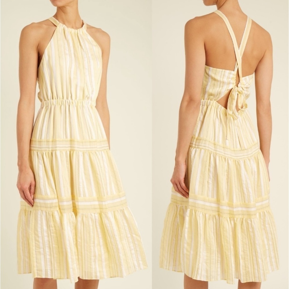 Rebecca Taylor Yard High Neck Halter Open Tie Back Tiered Midi Dress